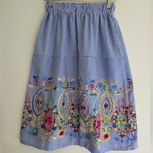 Magic Blue & White Striped Midi Skirt with Multicolor Embroidered Border